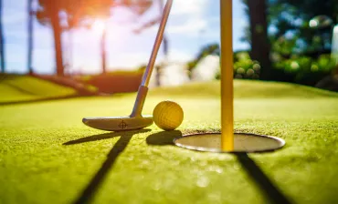 Golf ball beside a putter on a sunlit green near the hole